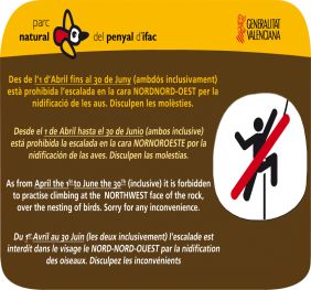 PROHIBICIÓN ESCALADA EN EL PEÑÓN DE IFACH DEL 1 DE ABRIL AL 30 DE JUNIO (CARA NORNOROESTE)